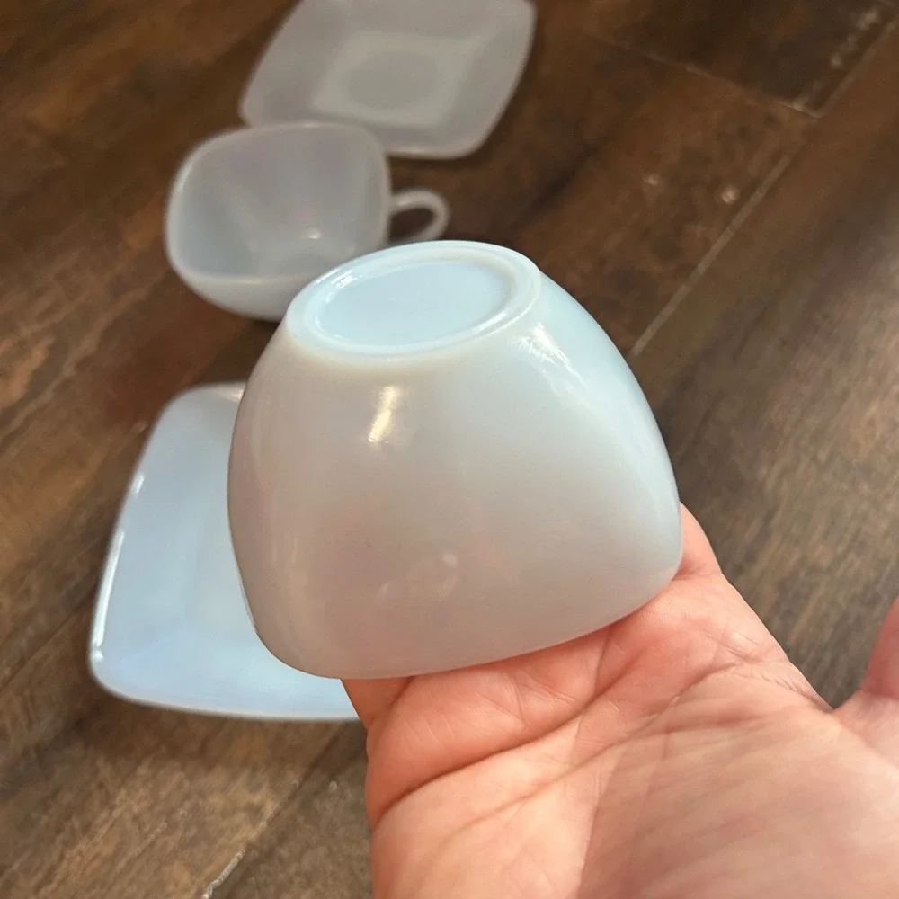 Vintage 4pc Fire King Charm Azurite Blue Milk Glass Cups Saucers Square Set